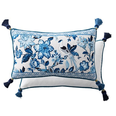 Porcelain Print Floral Blue White Chinese Botanical Style Luxury Tassle Cushion Cover - Botanical Collection