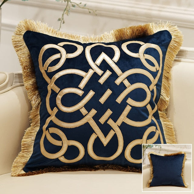 Navy Blue Velvet Gold Geometric Detail Fringe Luxury Cushion Cover - Geometric Collection