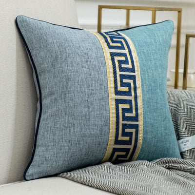 Light Blue Gold Cream Greek Key Pattern Embroidered Cushion Cover - Baroque Collection