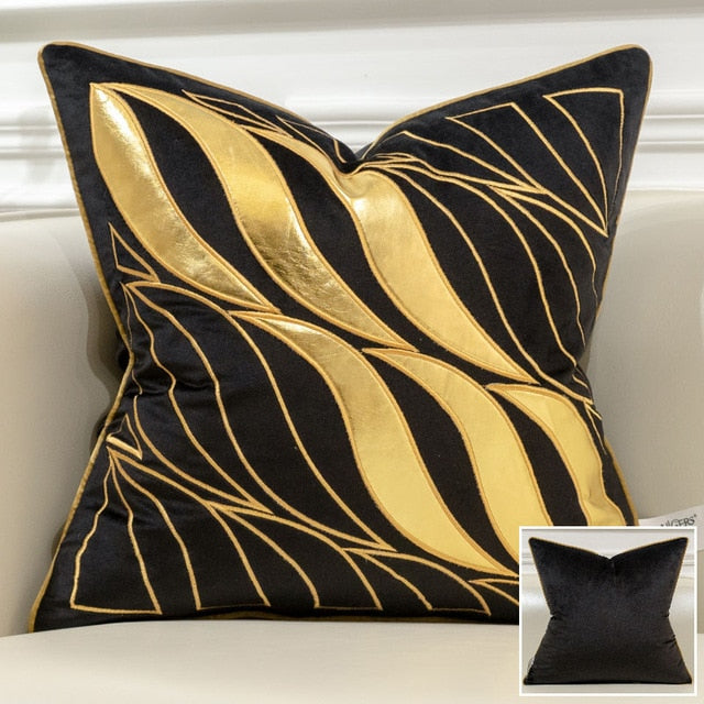 Black Velvet Gold Geometric Wave Stripe Print Cushion Cover - Geometric Collection