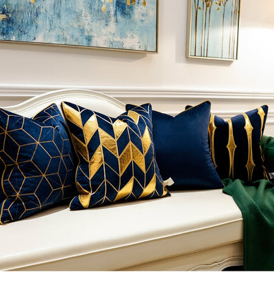 Navy Blue Velvet Gold Stripe Geometric Modern Cushion Cover - Geometric Collection