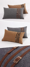 Grey Tan Leather Belt Strap Equestrian Style Rectangular Cushion Cover - Equestrian Collection