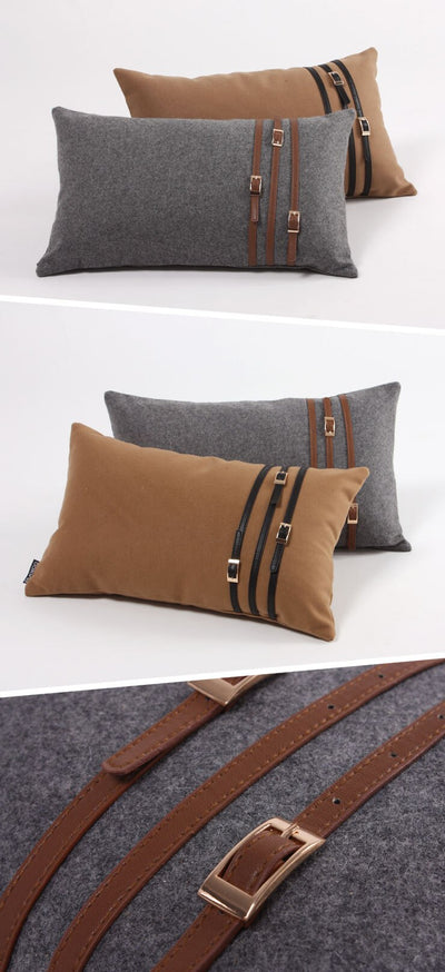 Grey Tan Leather Belt Strap Equestrian Style Rectangular Cushion Cover - Equestrian Collection