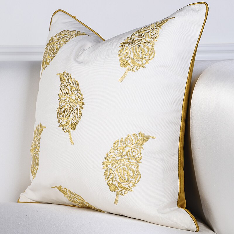 White Gold Embroidered Feather Print Luxury Jacquard Piped Cushion Cover - Botanical Collection
