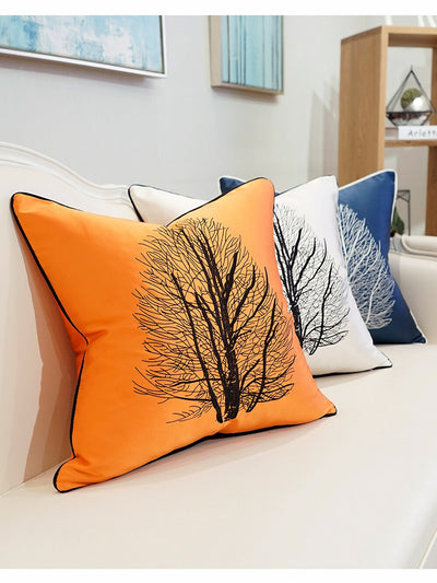 Orange Black Tree Embroidered Piped Cushion Cover - Botanical Collection