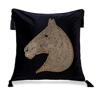 Black Velvet Beaded Embellished Horse Head Gold Silver Tassle Equestrian Style Cushion Cover - Equestrian Collection