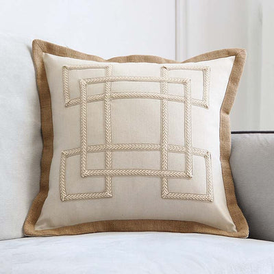 Cream Linen Cotton Jute Hessian Hem Edge Cushion Cover - Geometric Collection