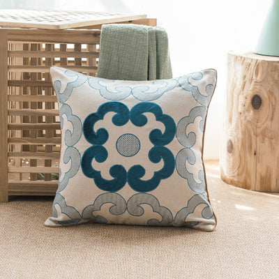 Retro Applique Flower Blue White Art Design Cushion Cover - Retro Collection