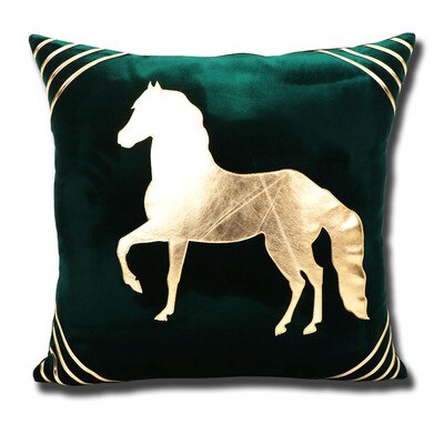Emerald Forest Green Velvet Gold Horse Print Embroidered Luxury Cushion Cover - Equestrian Collection