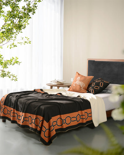 Chain Print Blanket Sofa Bed Throw Black Orange