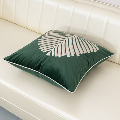 Dark Green Velvet Modern Leaf Cushion Cover