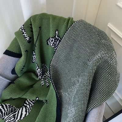 Dark Green Zebra Knitted Blanket Throw