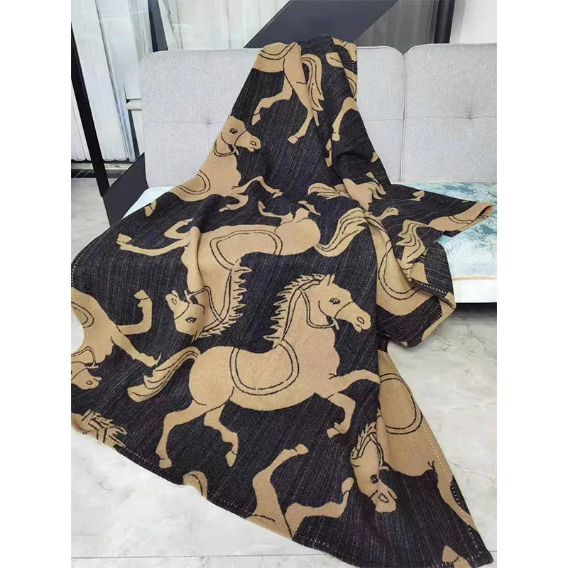 Horse Print Equestrian Wool Blanket Throw Black Camel