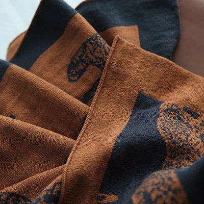 Leopard Knitted Blanket Jungle Animal Print Throw Black Brown