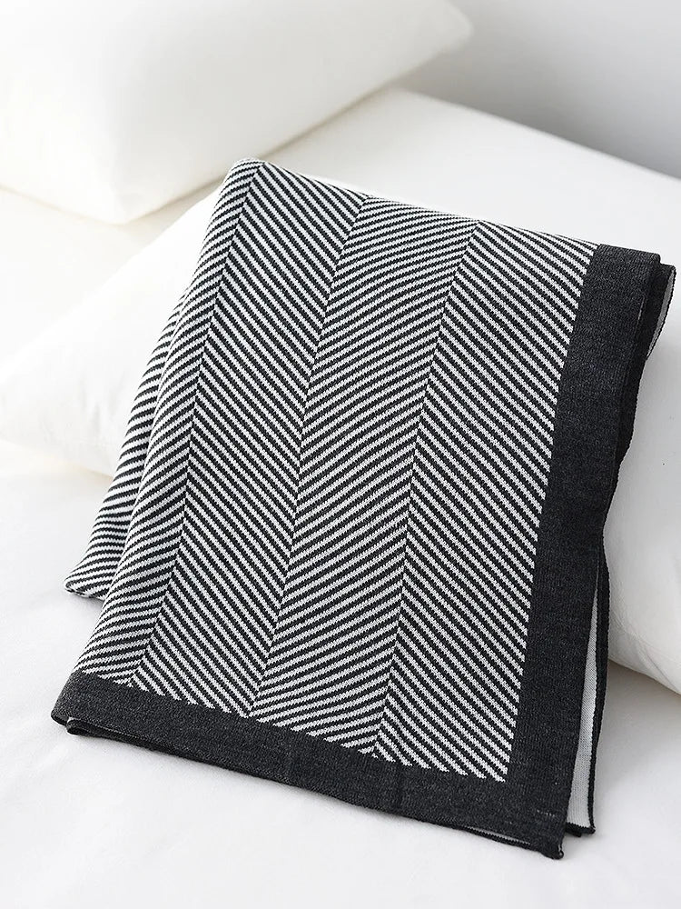 Herringbone Knitted Blanket Black White Monochrome Throw Bedspread The Opal Interior Company