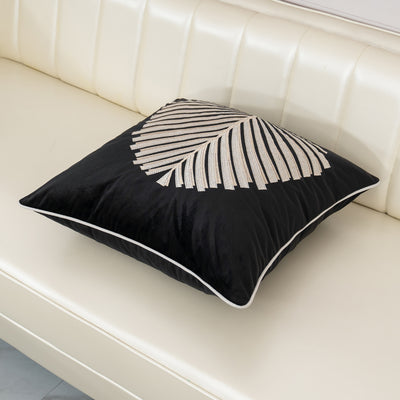 Black White Velvet Modern Leaf Cushion Cover