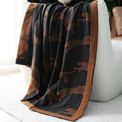 Leopard Knitted Blanket Jungle Animal Print Throw Black Brown