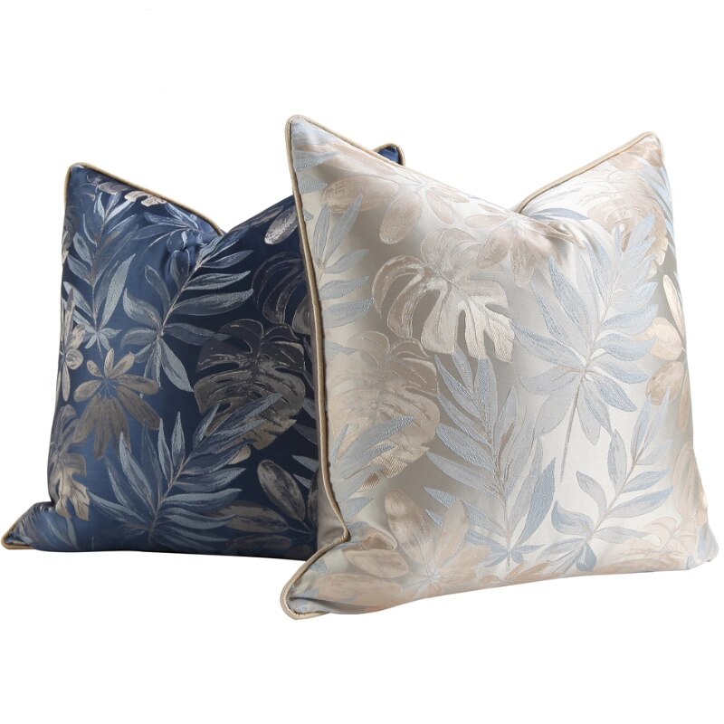 Jacquard Leaf Cushion Navy Blue Cream - Botanical Collection