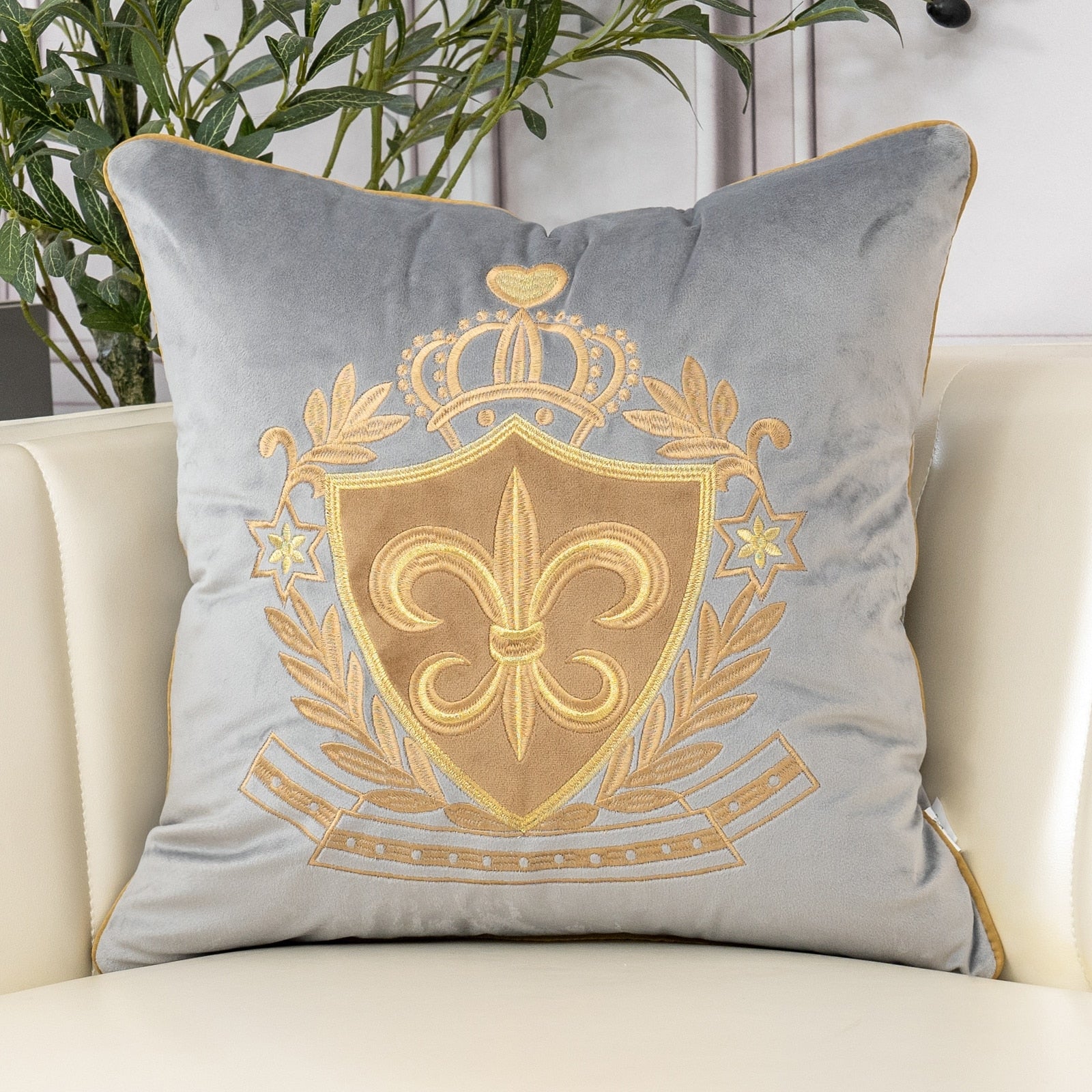 Grey Velvet Gold Fleur De Lys Royal Cushion Cover - Royal Collection