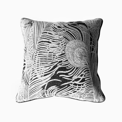 Black Grey Peacock Herra Feather Print Jacquard Luxury Cushion Cover - Botanical Collection