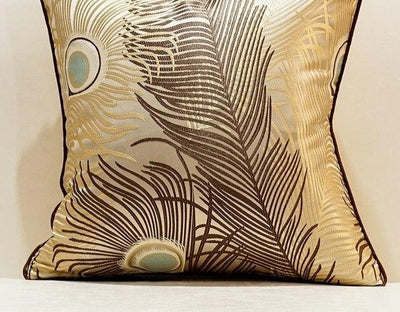 Beige Brown Golden Peacock Herra Feather Print Luxury Jacquard  Piped Cushion Cover - Botanical Collection