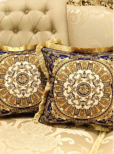 Golden Ornate Blue Red Detail Traditional Classical Fringe Cushion Cover - Royal Collection