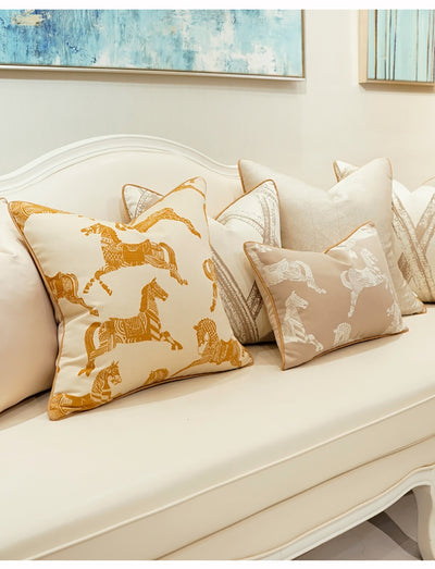 Horse Print Gold Cream Neutral Equestrian Style Cushion Cover - Equestrian Collection