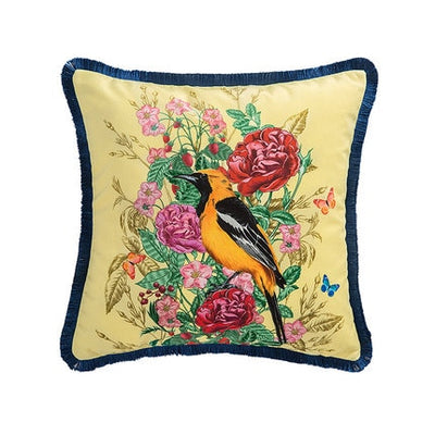 British Garden Botanical Floral Bird Print Blue Yellow Fringe Luxury Cushion Cover - Botanical Collection