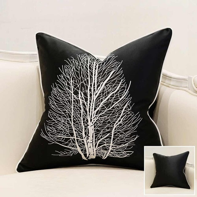 Black White Monochrome Tree Embroidered Piped Cushion Cover - Botanical Collection