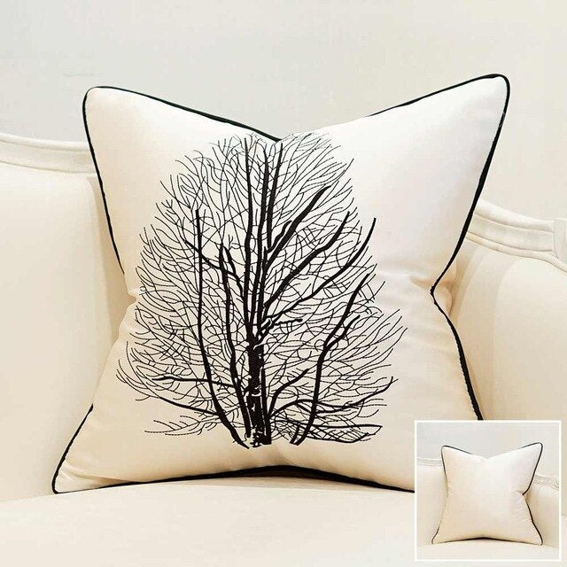 White Black Monochrome  Tree Embroidered Piped Cushion Cover - Botanical Collection