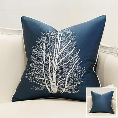 Blue White Tree Embroided Luxury Piped Cushion Cover - Botanical Collection