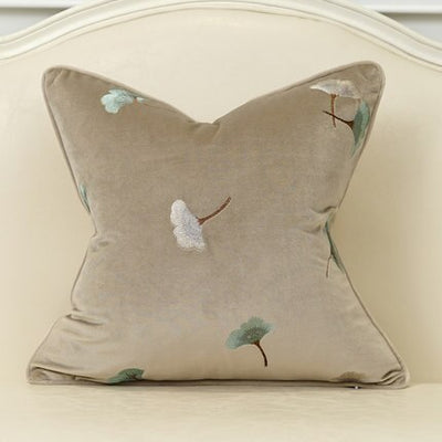 Grey Taupe Velvet Gingko Leaf Piped Luxury Cushion Cover - Botanical Collection