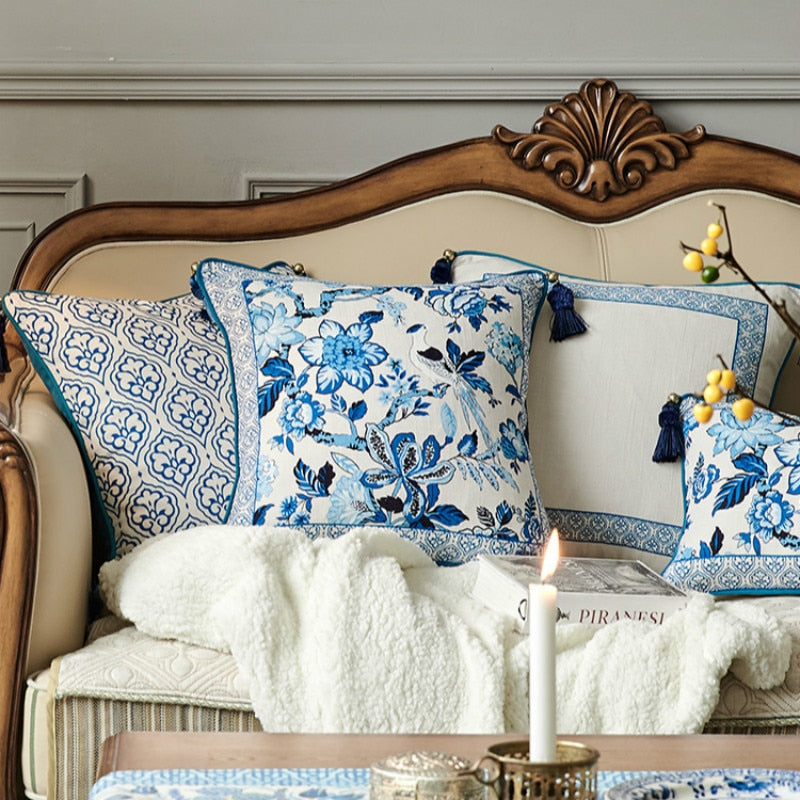 Porcelain Print Floral Blue White Chinese Botanical Style Luxury Tassle Cushion Cover - Botanical Collection