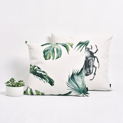 White Green Palm Leaf Print Botanical Nordic Style Linen Cushion Cover - Botanical Collection