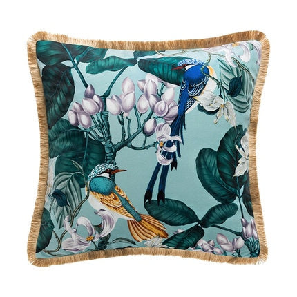 Velvet Floral Antique Blue Green Pattern Forest Bird Floral Traditional Gold Fringe Cushion Cover Botanical Collection