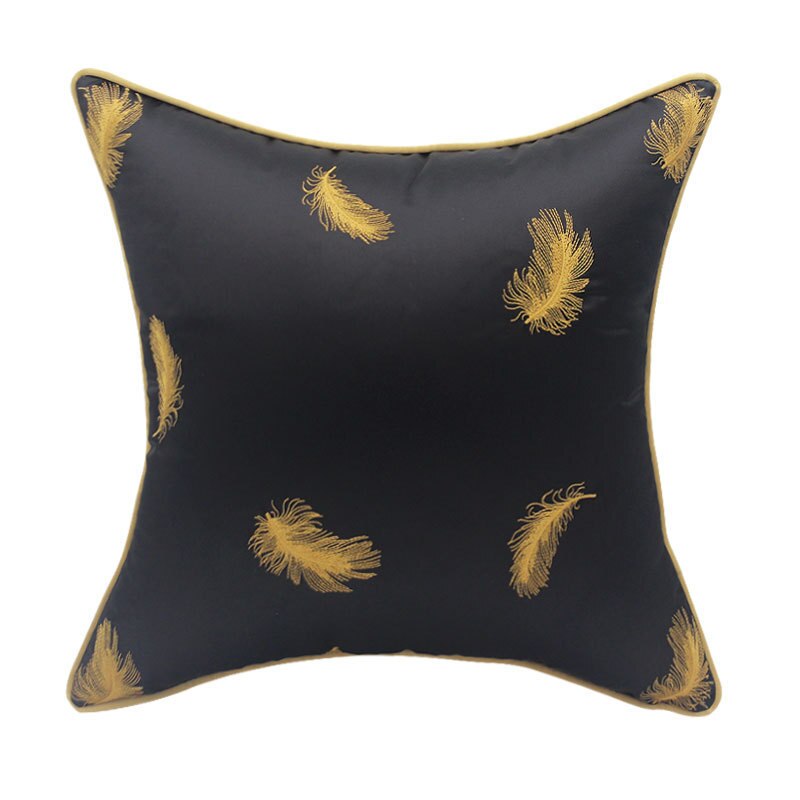 Silky Black Golden Feather Print Piped Cushion Cover - Botanical Collection