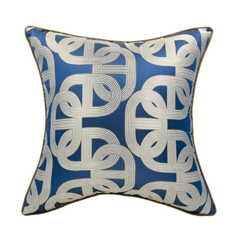 Luxury Silky Chain Print Jacquard Blue Piped Cushion Cover - Geometric Collection