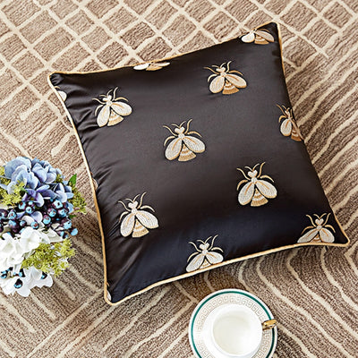 Black Gold Silky Bee Print Motif Black Jaquard Piped Luxury Cushion Cover - Animal Collection