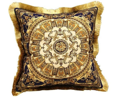 Golden Ornate Blue Red Detail Traditional Classical Fringe Cushion Cover - Royal Collection