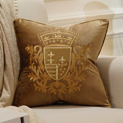 Tan Velvet Gold Coat of Arms Camel Royal Cushion Cover - Royal Collection