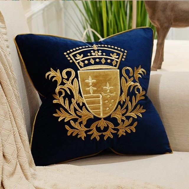 Navy Blue Velvet Gold Coat of Arms Royal Cushion Cover - Royal Collection