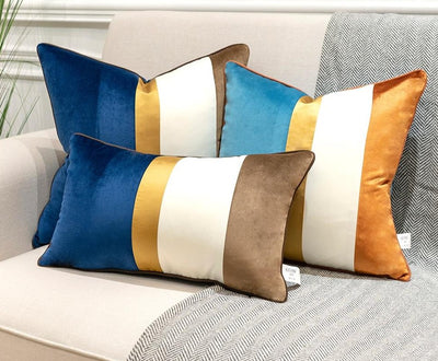 Velvet Navy Blue Gold Taupe Modern Stripe Cushion Cover - Geometric Collection