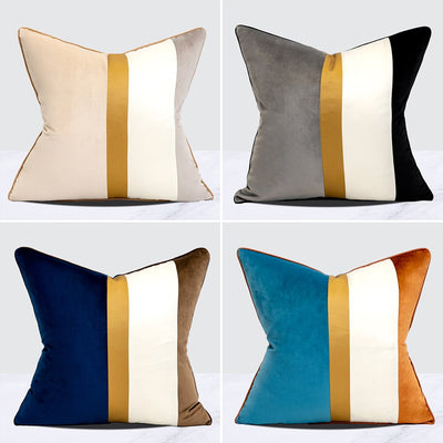 Velvet Navy Blue Gold Taupe Modern Stripe Cushion Cover - Geometric Collection