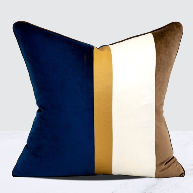 Velvet Navy Blue Gold Taupe Modern Stripe Cushion Cover - Geometric Collection