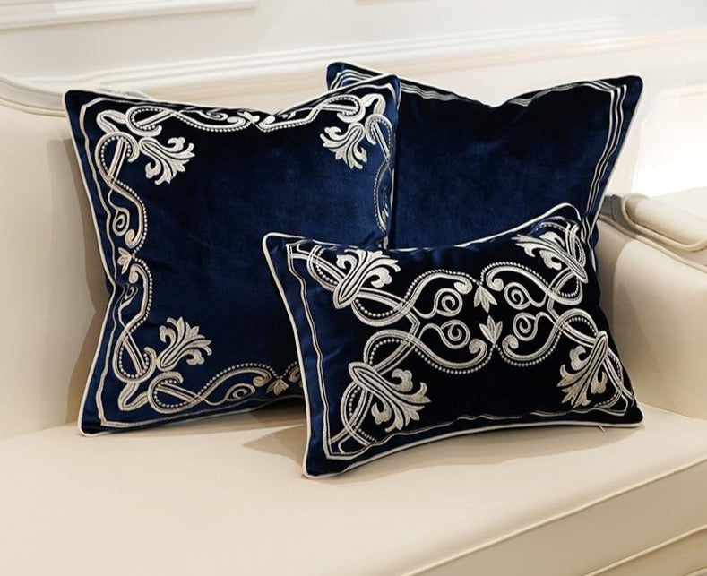 Navy Blue Velvet Ornate Embroidered Cushion Cover - Royal Collection