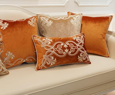 Orange Velvet Ornate Embroidered Cushion Cover - Royal Collection