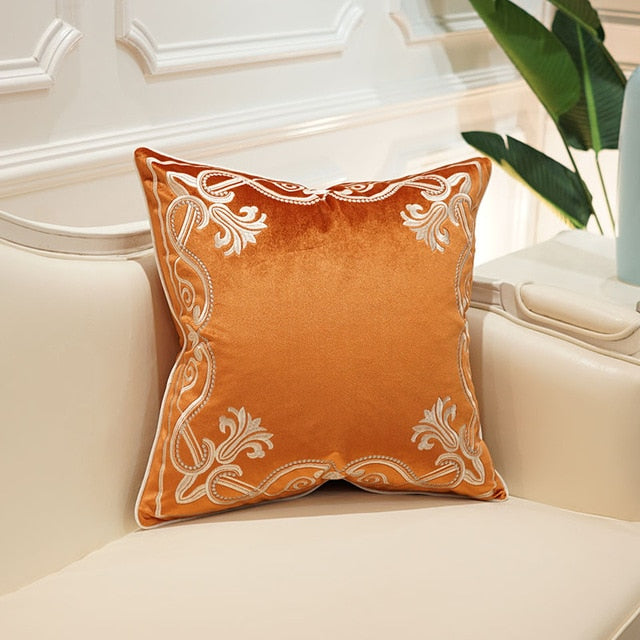 Orange Velvet Ornate Embroidered Cushion Cover - Royal Collection