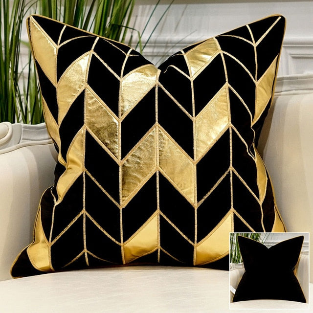 Black Velvet Gold Geometric Cushion Cover