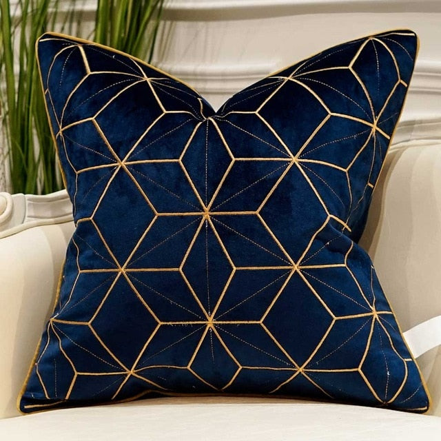 Navy Blue Velvet Gold Geometric Design Cushion Cover - Geometric Collection
