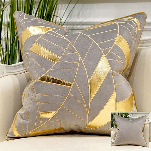 Grey Velvet Gold Geometric Cushion Cover